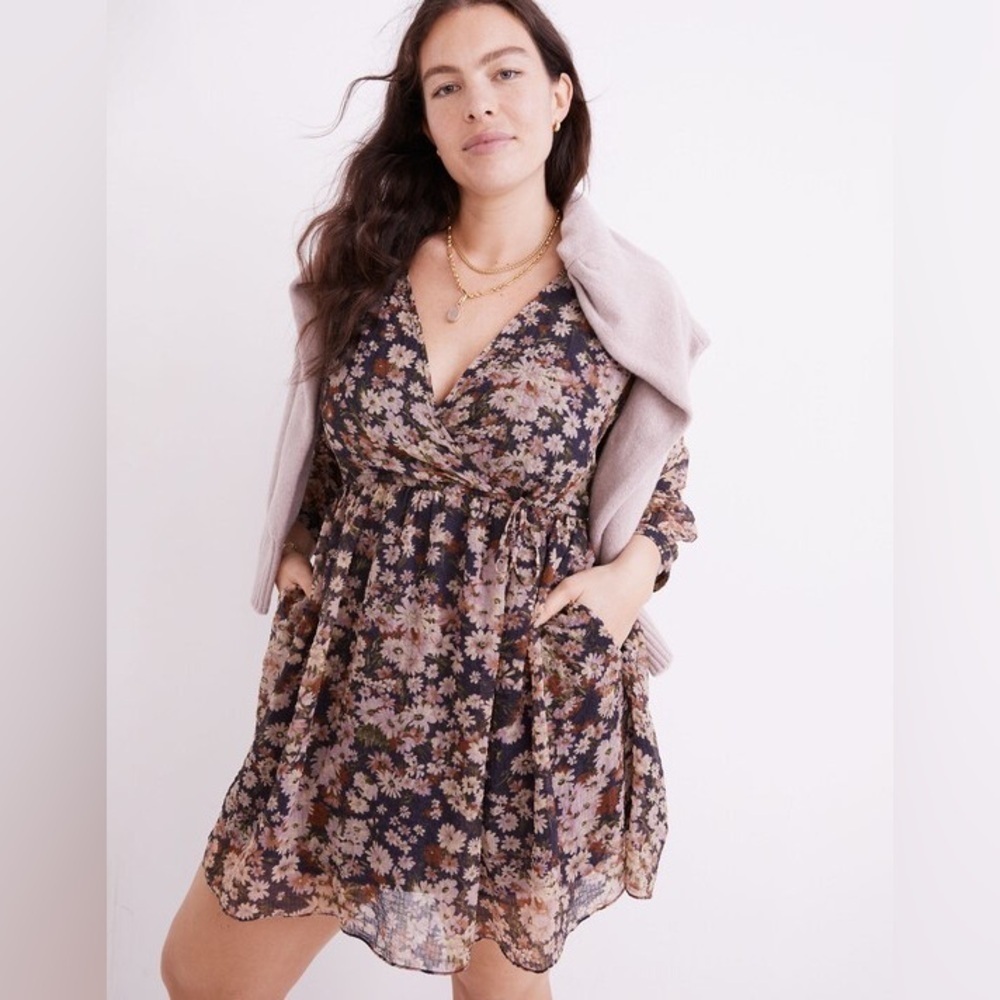 Madewell garden Floral Faux Wrap Mini Dress Large Daisy Long Sleeve Drawstring - Picture 2 of 10